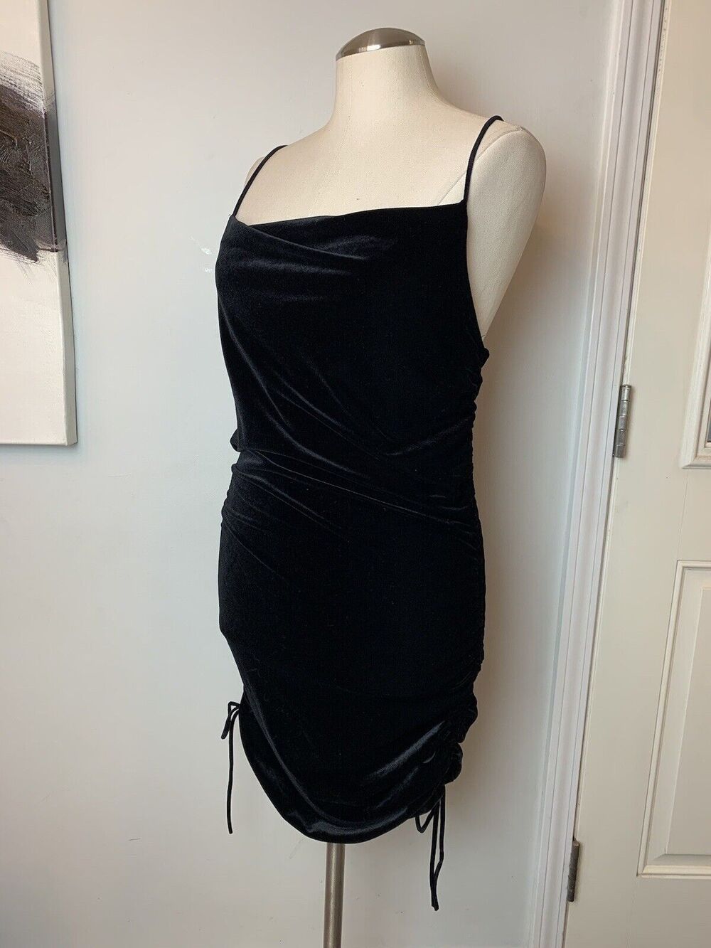 Zara Black Velvet Runched Sides Strappy Back Cowl Neck Stretch Mini Dress Small
